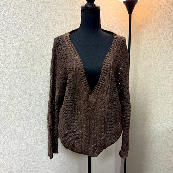 Lane Bryant Sweaters - Lane Bryant Brown with subtle Metallic Threading, Oversized, Deep V Neck Sweater